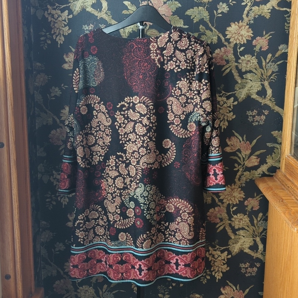 Creation Paisley Abstract Print Tunic Blouse Scoop Neck Stitched Embellishment M - Picture 5 of 7